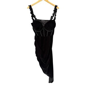 PrettyLittleThing Dress Women 10 Black Velvet Ruched Party Asymmetrc Whimsigothi